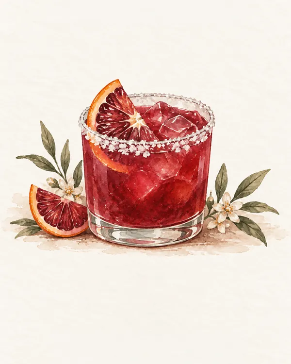 Watercolor blood orange margarita on ice with a salted rim and a blood orange slice