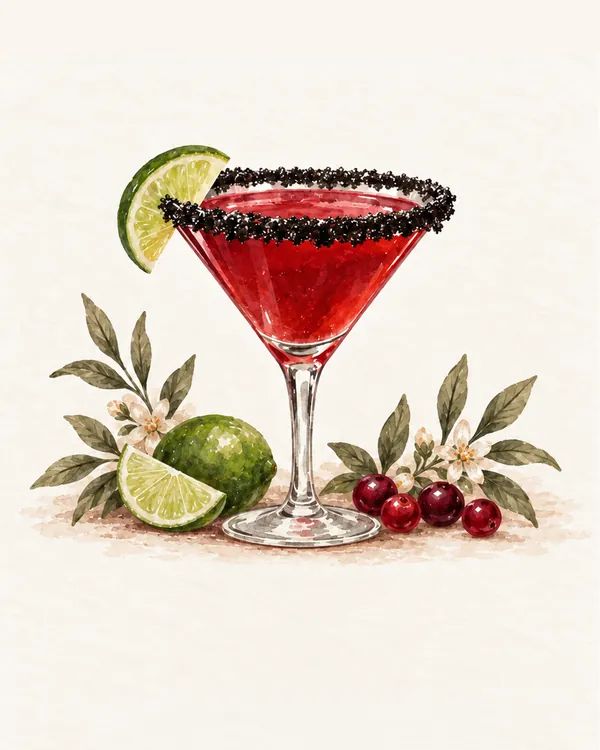 Watercolor red cosmopolitan in a martini glass with a black sugar rim, lime and cranberries