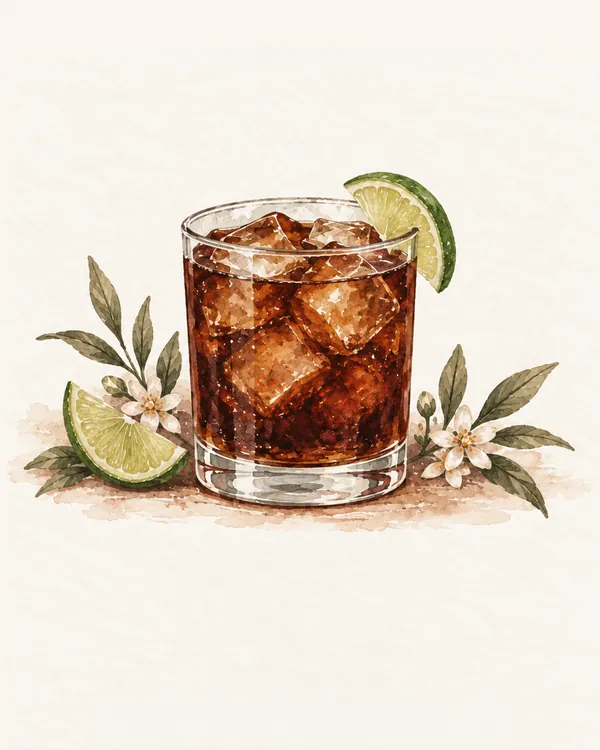 Watercolor rum and cola over ice with a lime wedge